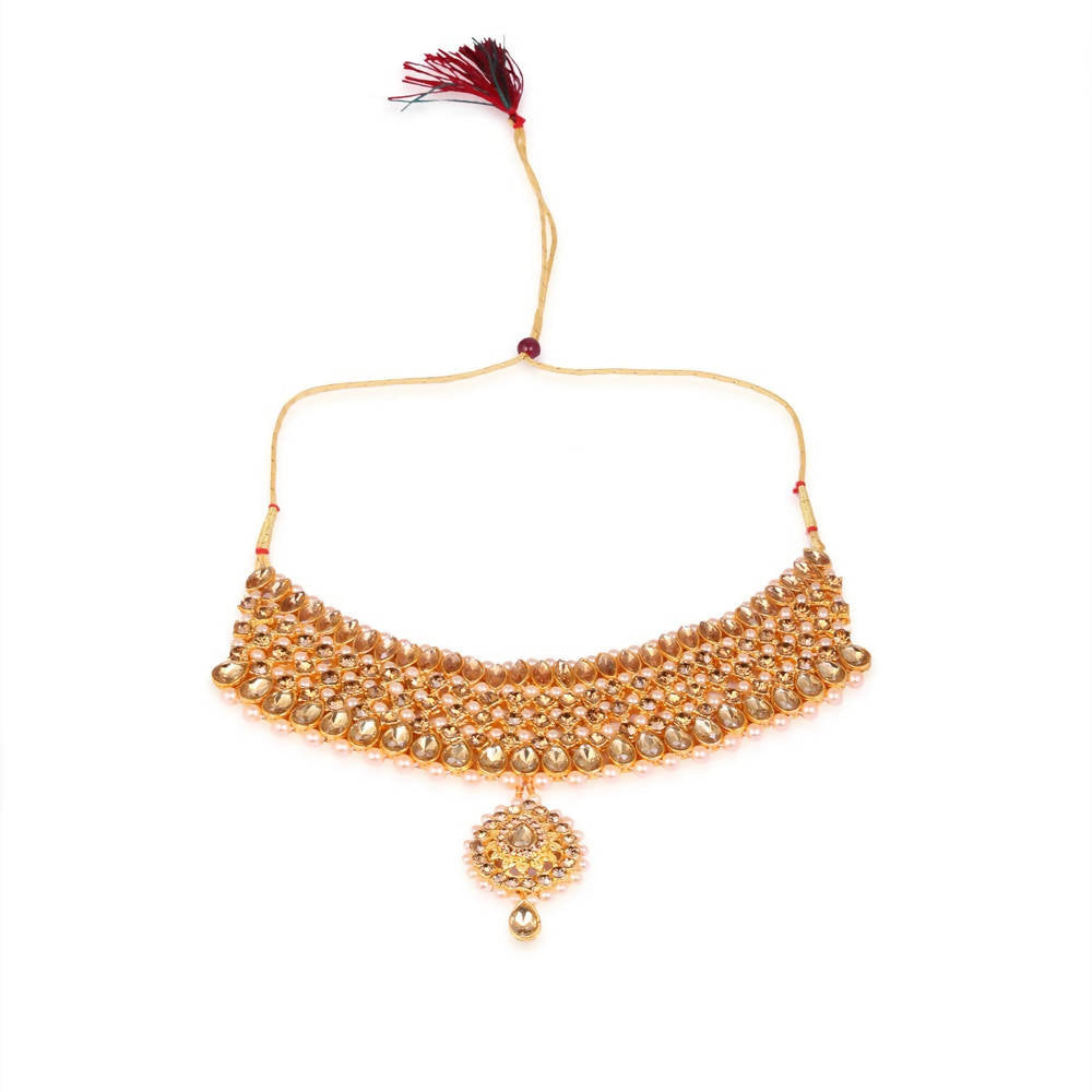 Tehzeeb Creations Stone And Pearl Studded Necklace With Earrings And Tikka