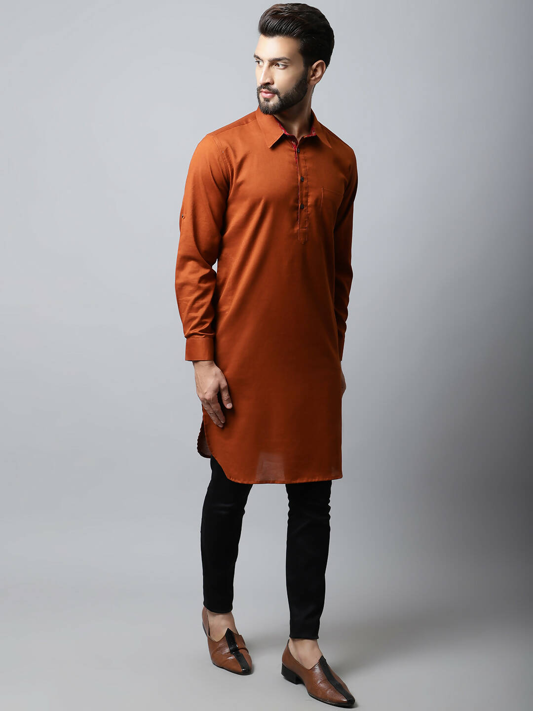 Even Apparels Brown Color Pure Cotton Solid Men's Kurta With Shirt Collar (SLD1137) - Distacart