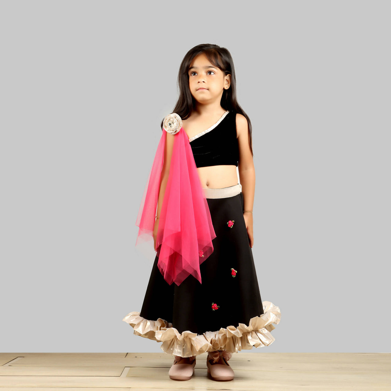 Pink Cow Fashions Black Ghagra Choli With Pink Dupatta - Distacart