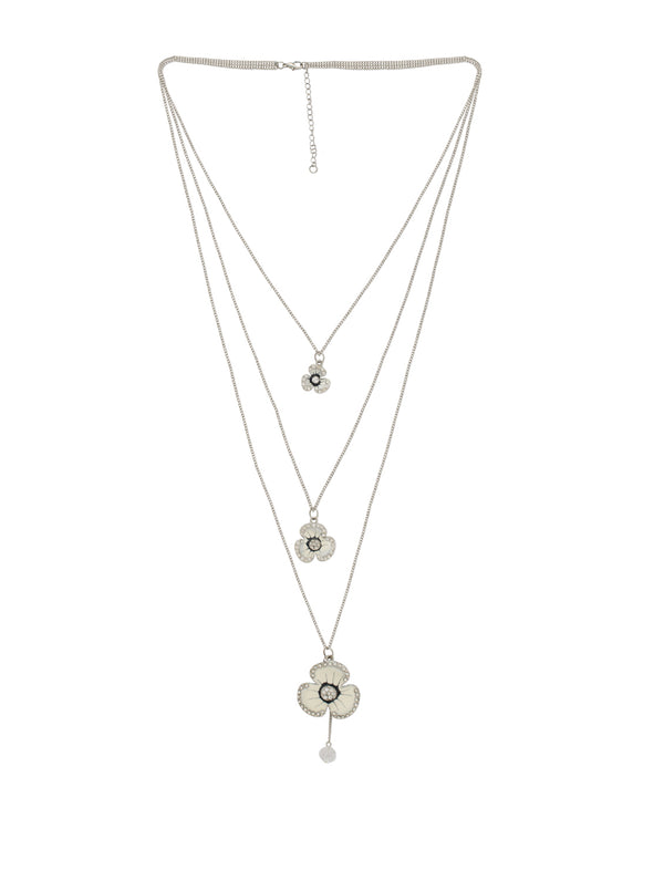 Silver-Plated Alloy Long Three Chain Flower Necklace - The Pari - Distacart