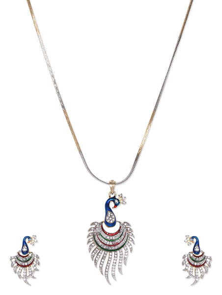 Gold-Plated Alloy Peacock Shape American Diamond Pendant Set - The Pari - Distacart