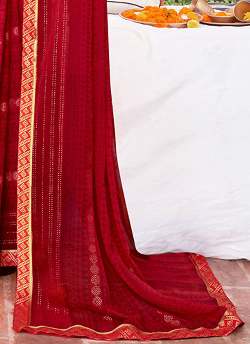 Red Georgette Foil Printed Saree with Unstitched Blouse Piece - Avika - Distacart