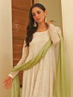 Thumbnail for Janasya Women's White Chiffon Lurex Foil Printed Festive Anarkali Kurta Set - Distacart