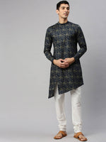 Thumbnail for Manyavar Men Navy Blue & Beige Floral Printed Straight Kurta - Distacart