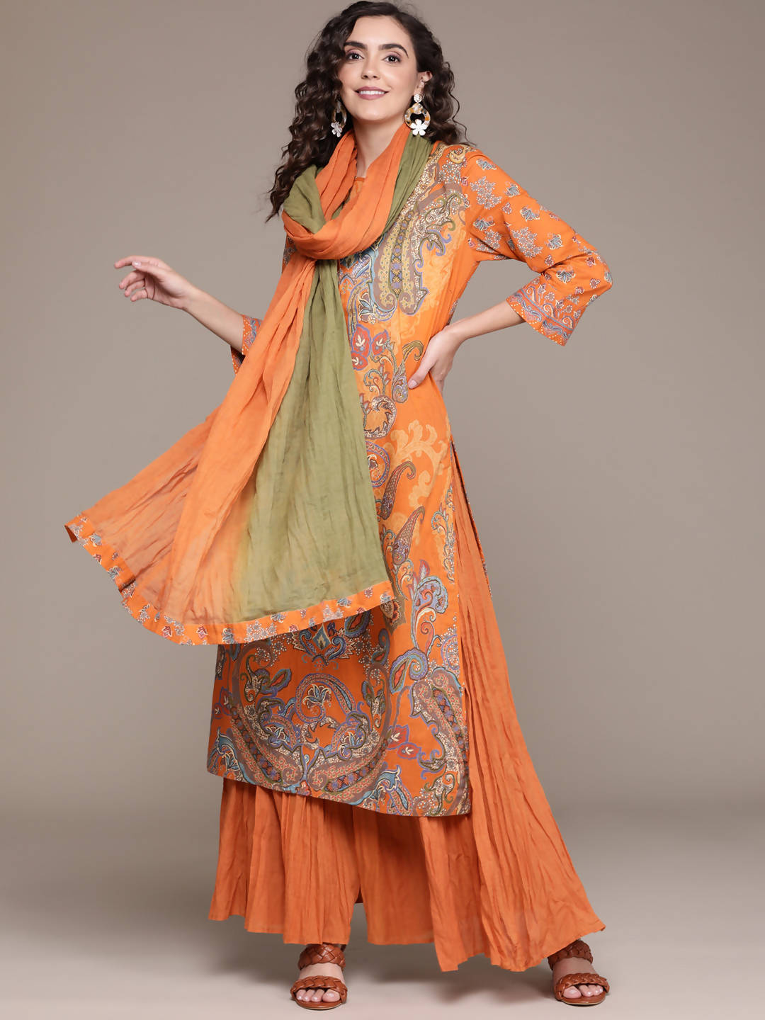 Ritu Kumar Women Rust Orange Pure Cotton Paisley Printed Kurta with Sharara & Dupatta - Distacart