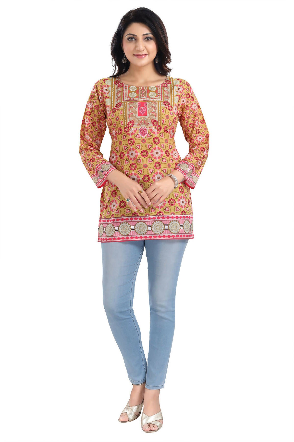Snehal Creations Yellow Faux Crepe Short Kurti Tunic Top - Distacart