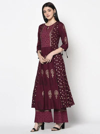 Thumbnail for Aniyah Rayon Wine Color Block Print Anarkali Kurta (AN-172K)