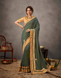 Thumbnail for Moss Green Tusser Silk Resham, Cord And Sequins Embroidery, Handwork Butta Saree - Norita Arinya - Distacart