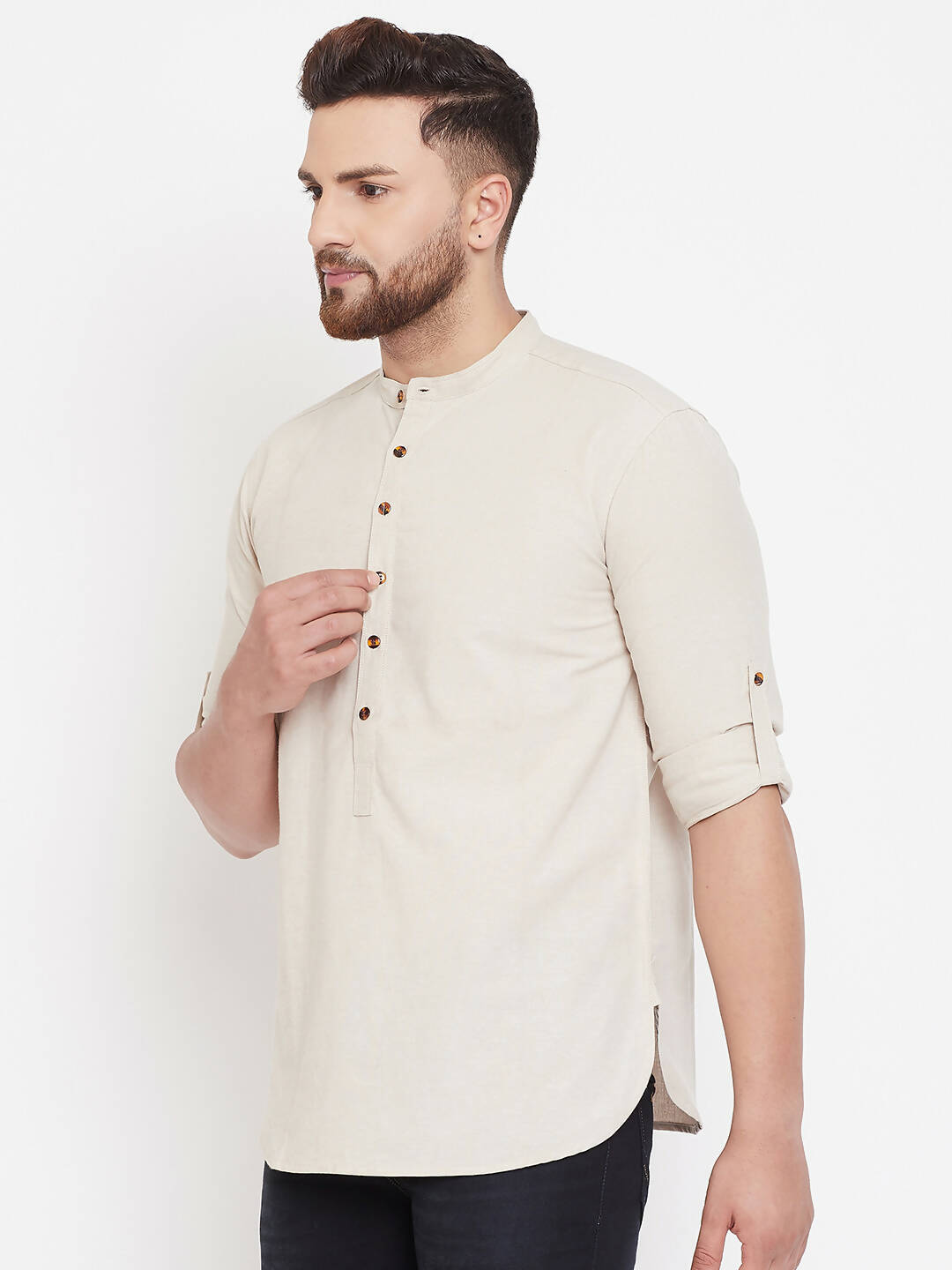 Even Apparels Beige Pure Cotton Men's Kurta With Band Collar - Distacart