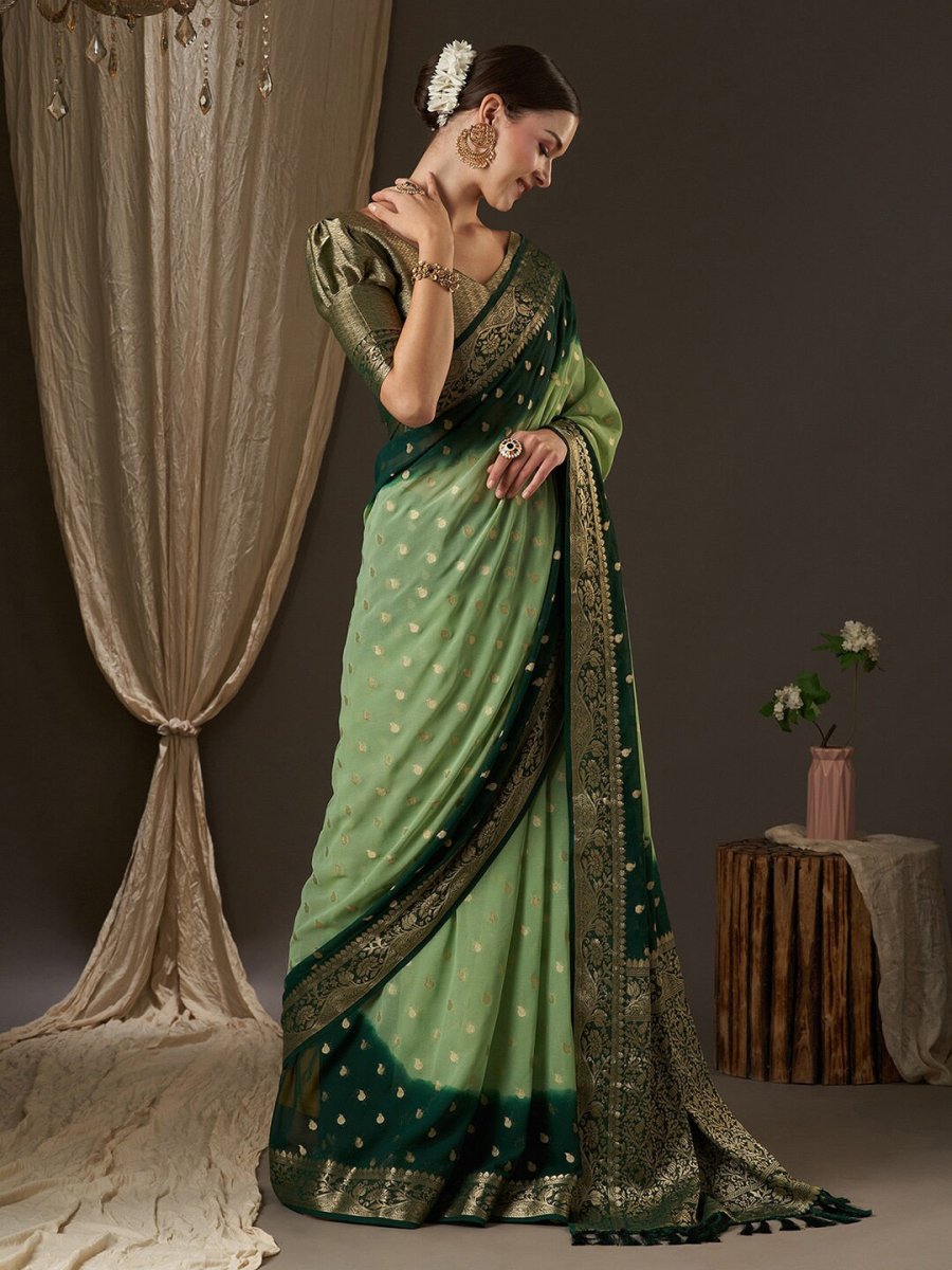 Anouk Green & Gold-Toned Woven Design Zari Pure Georgette Kanjeevaram Saree - Distacart