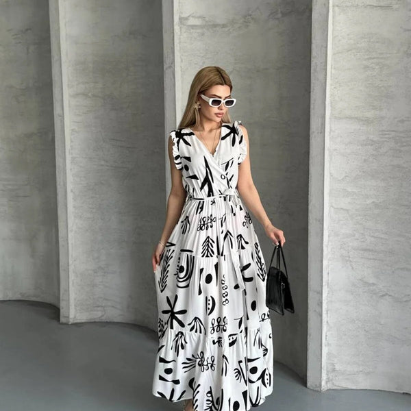 Pimu V-Neck Maxi Dress with Graphic Print-Black