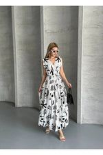 Thumbnail for Pimu V-Neck Maxi Dress with Graphic Print-Black