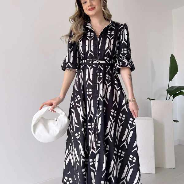 Pimu Shirt Collar Patterned Meghan Dress - Black