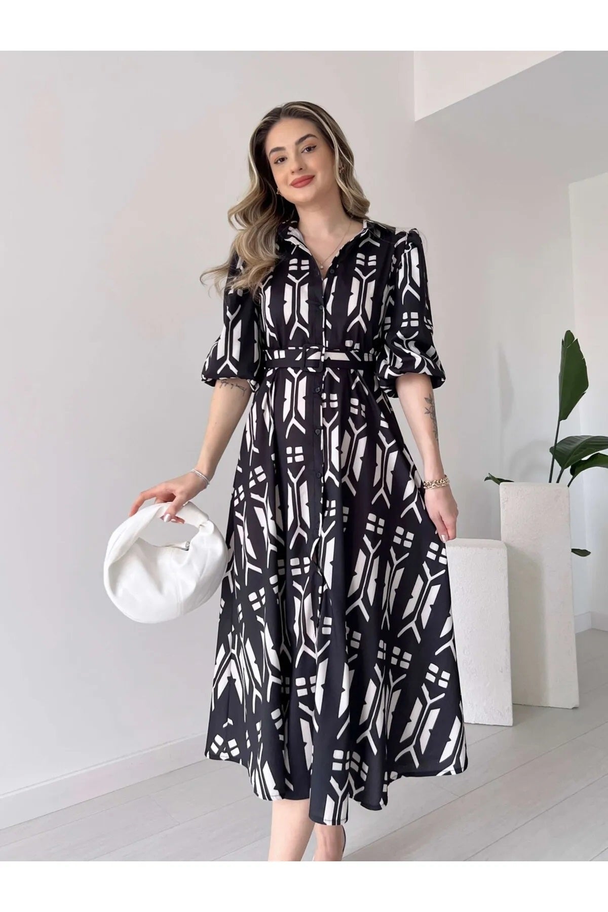 Pimu Shirt Collar Patterned Meghan Dress - Black - Distacart