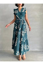 Thumbnail for Pimu V-Neck Maxi Dress with Teal-Blue Graphic Print