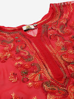 Thumbnail for ADA Women Red & Yellow Sheer Chikankari Embroidered Straight Sustainable Handloom Kurta with Inner - Distacart
