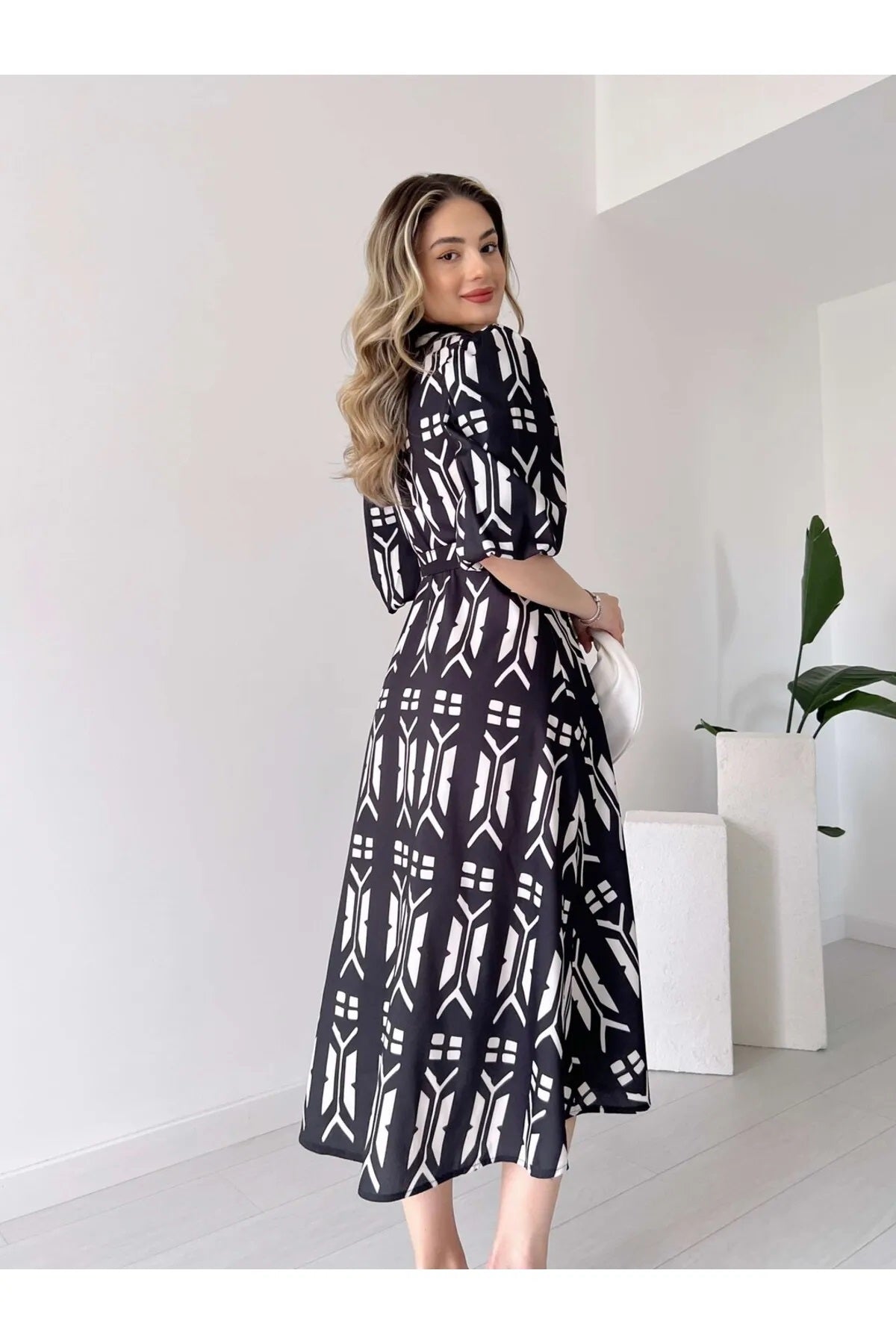 Pimu Shirt Collar Patterned Meghan Dress - Black