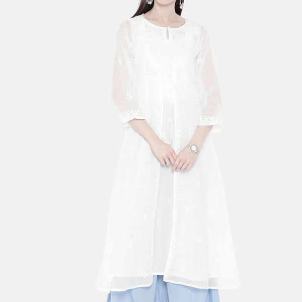 ADA Women White Embroidered Layered A-Line Chikankari Sustainable Kota Handloom Kurta - Distacart