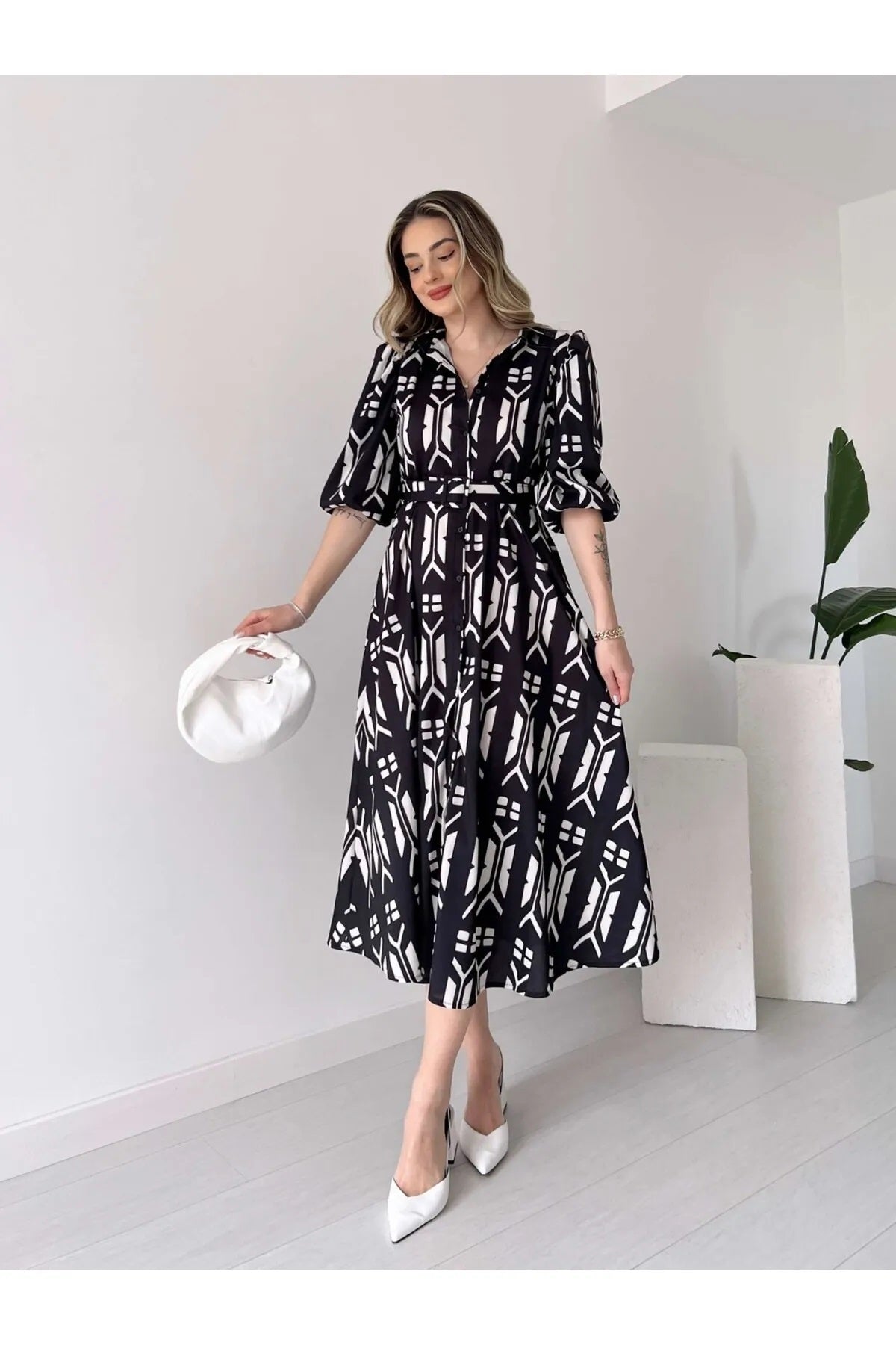 Pimu Shirt Collar Patterned Meghan Dress - Black
