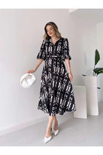 Thumbnail for Pimu Shirt Collar Patterned Meghan Dress - Black