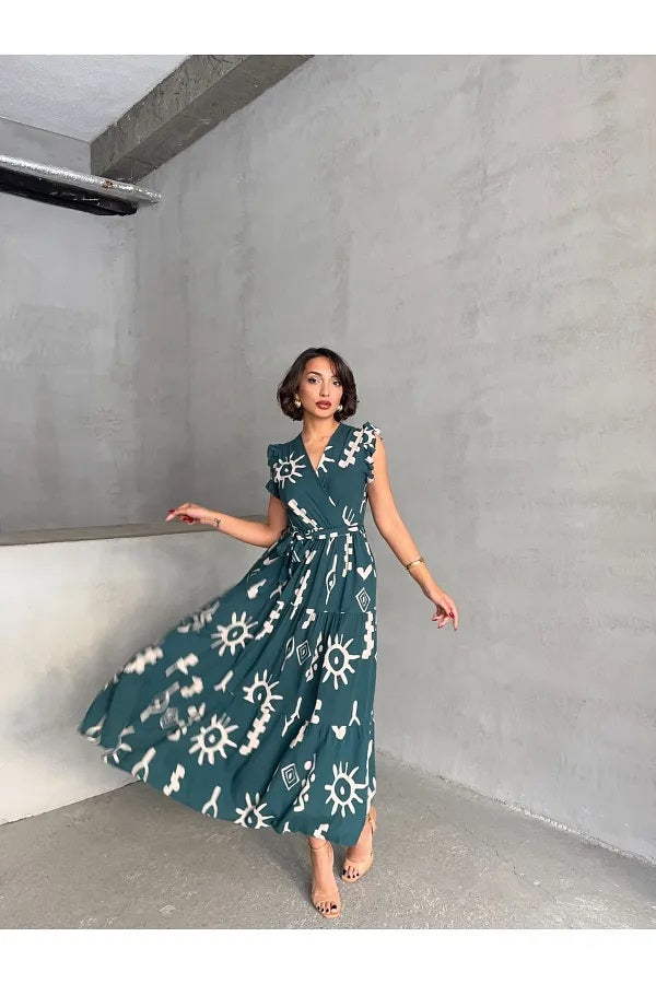 Pimu V-Neck Maxi Dress with Teal-Blue Graphic Print