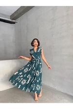 Thumbnail for Pimu V-Neck Maxi Dress with Teal-Blue Graphic Print