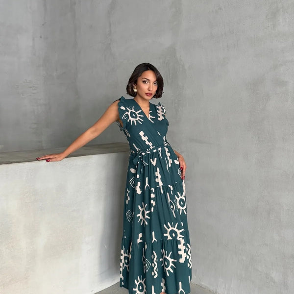 Pimu V-Neck Maxi Dress with Teal-Blue Graphic Print