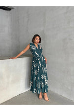 Thumbnail for Pimu V-Neck Maxi Dress with Teal-Blue Graphic Print