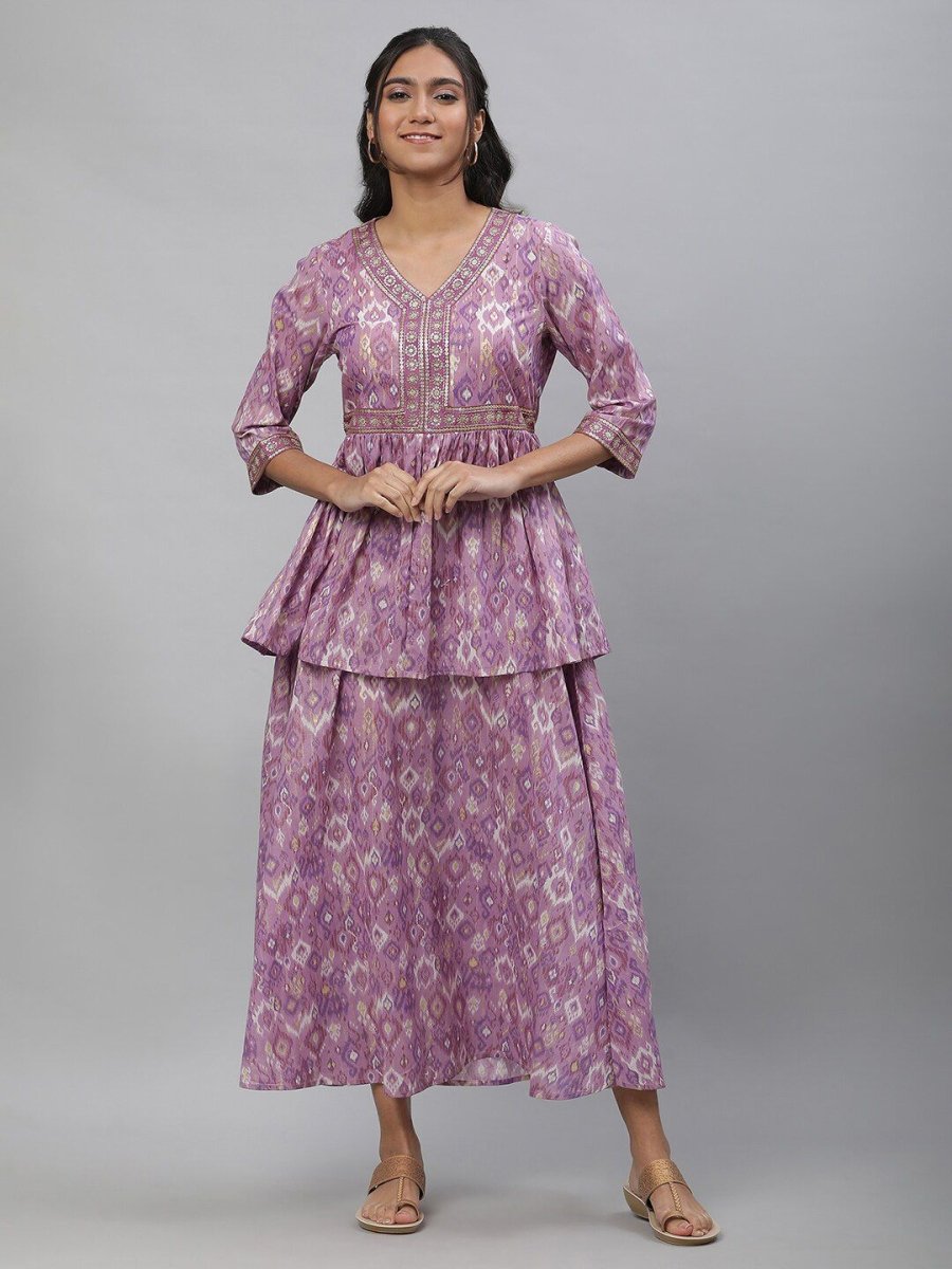 AURELIA Ethnic Motif Printed Sequinned Cotton Fit & Flare Midi Dress - Distacart