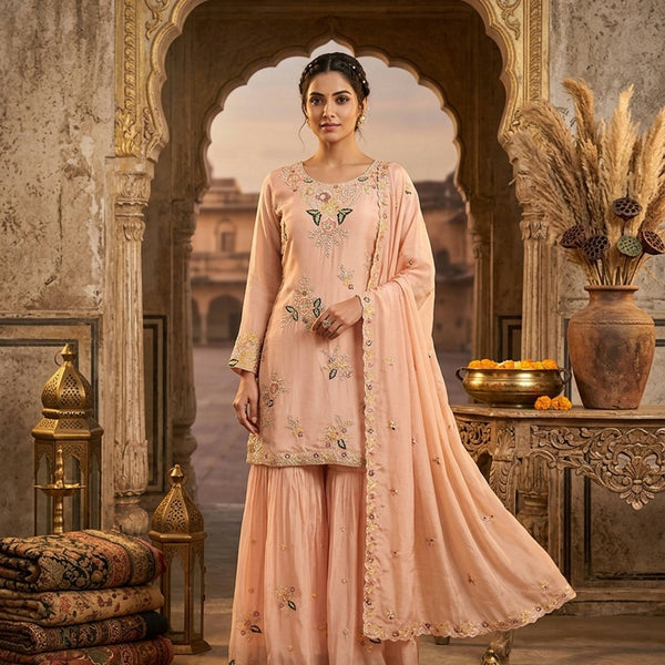 Stylish Designer Stitched Pink Pure Viscose Crepe Embroidery Hand Work Sharara Suit - Anbazaar - Distacart