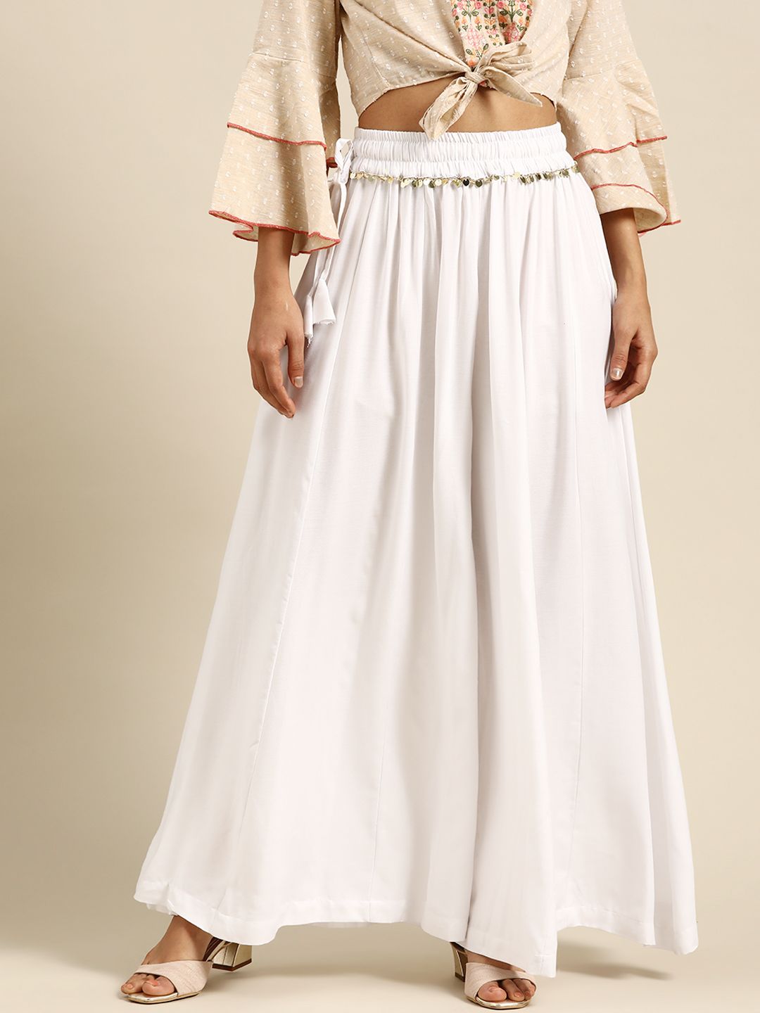 TAG 7 Women White Solid Flared Palazzos - Distacart