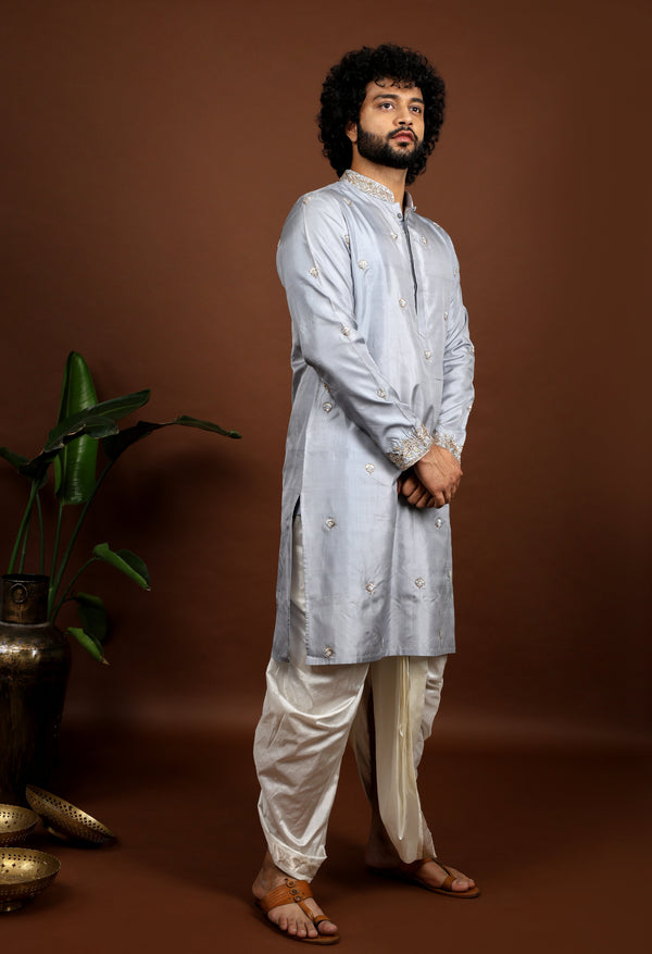 Kanjivaram Grey Hand Embroidered Elegance Pattu Kurta Set by Hilo Design