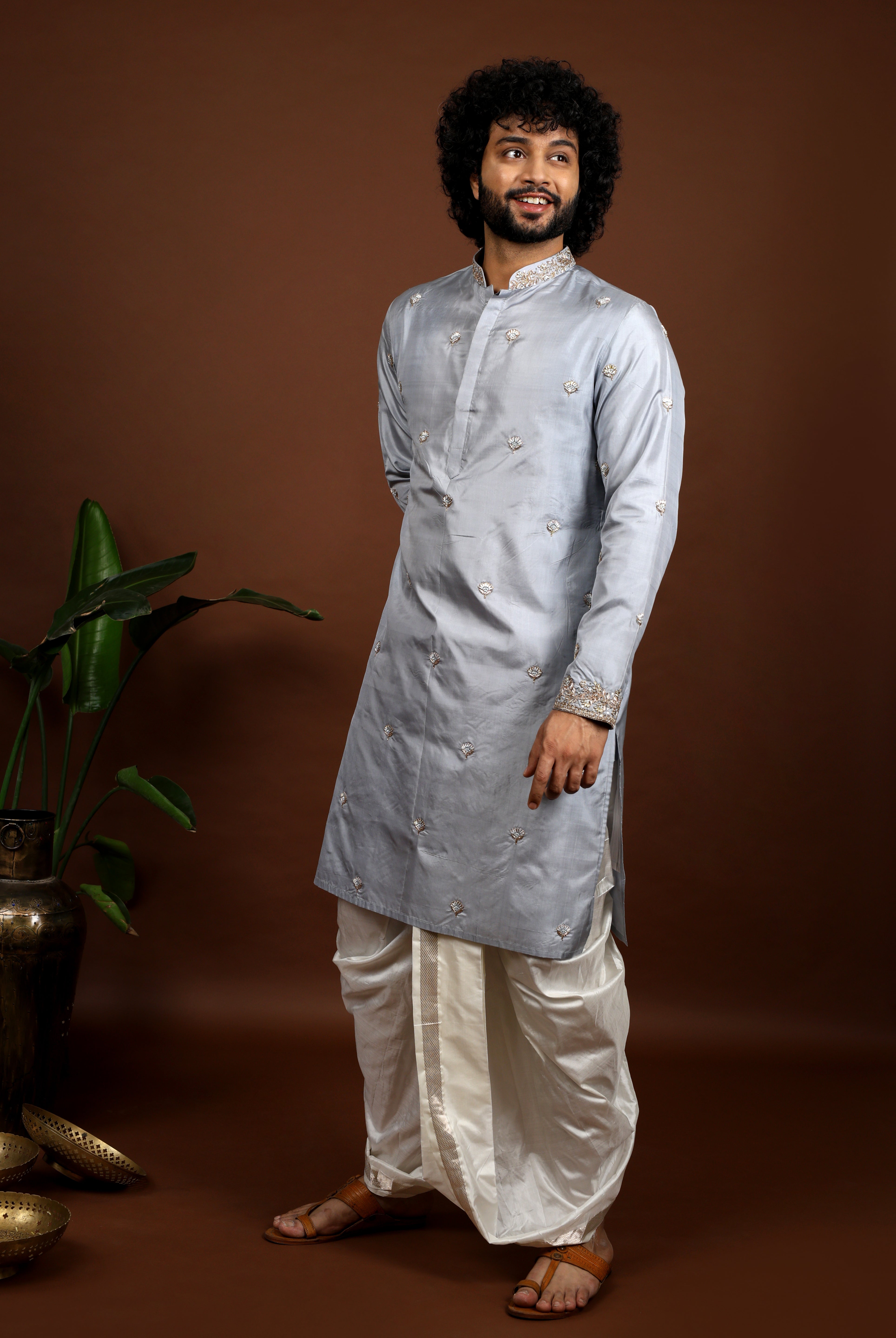 Kanjivaram Grey Hand Embroidered Elegance Pattu Kurta Set by Hilo Design