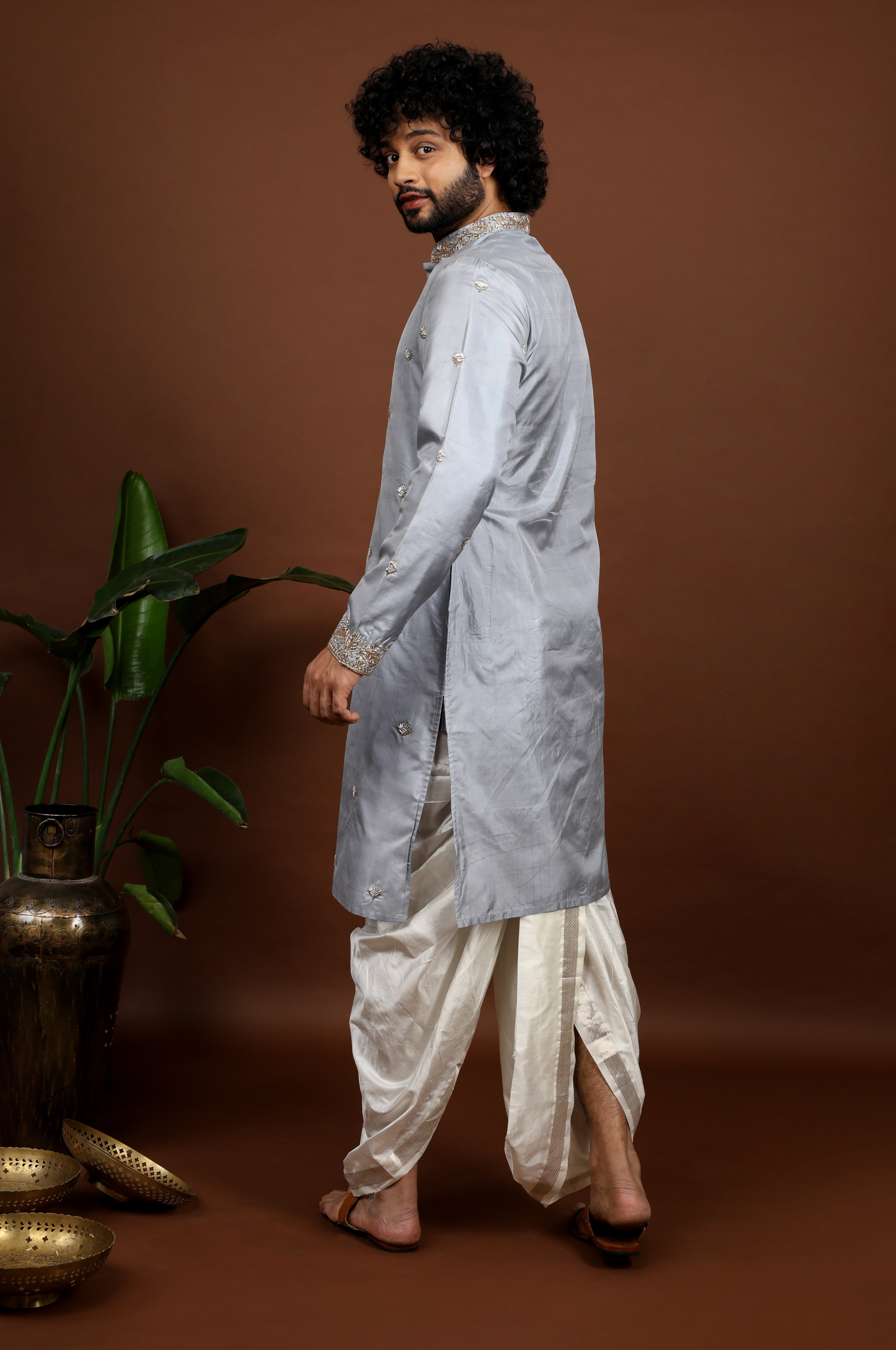 Kanjivaram Grey Hand Embroidered Elegance Pattu Kurta Set by Hilo Design
