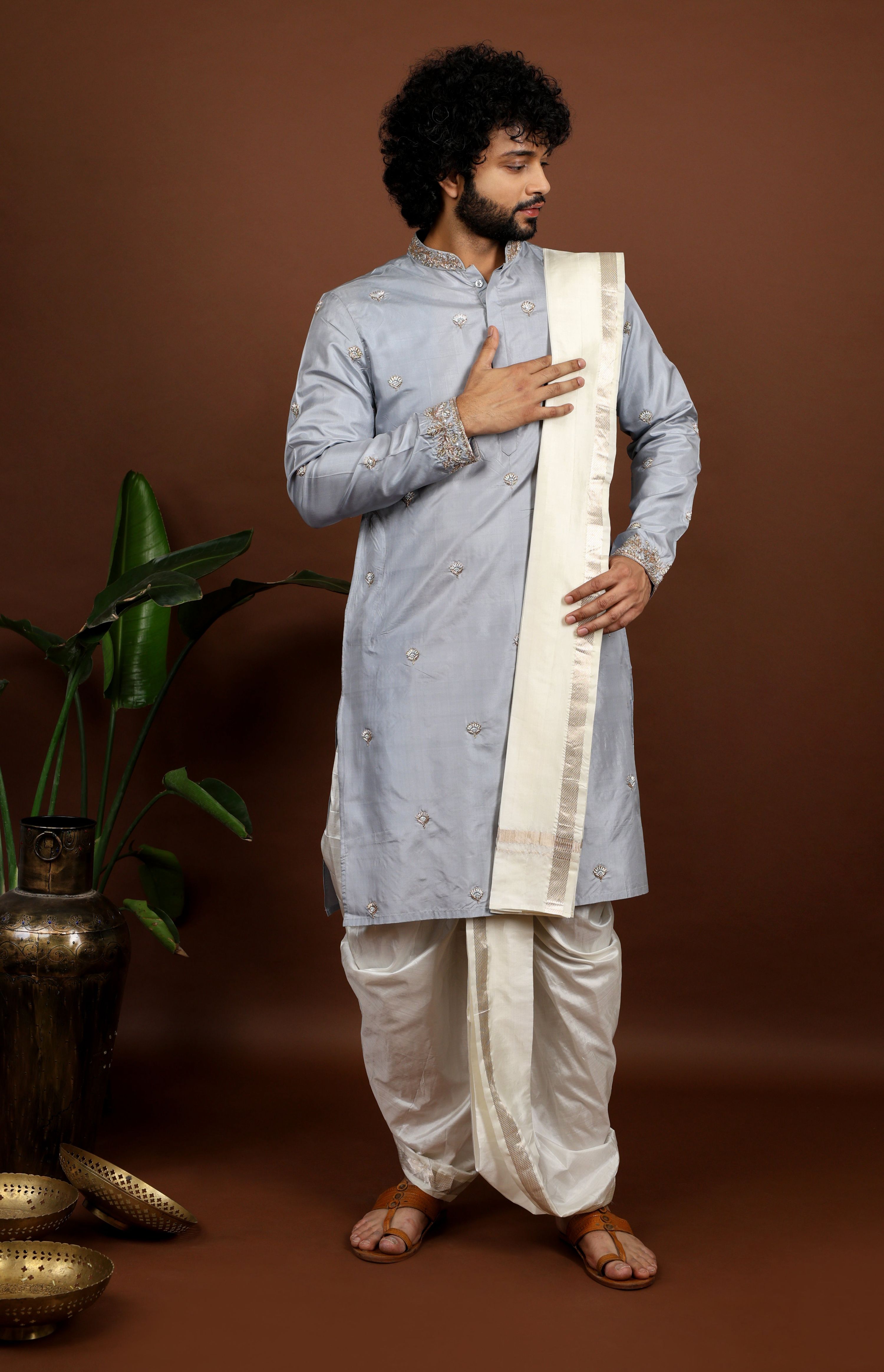 Kanjivaram Grey Hand Embroidered Elegance Pattu Kurta Set by Hilo Design - Distacart