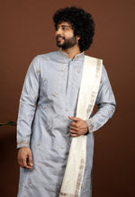 Thumbnail for Kanjivaram Grey Hand Embroidered Elegance Pattu Kurta Set by Hilo Design