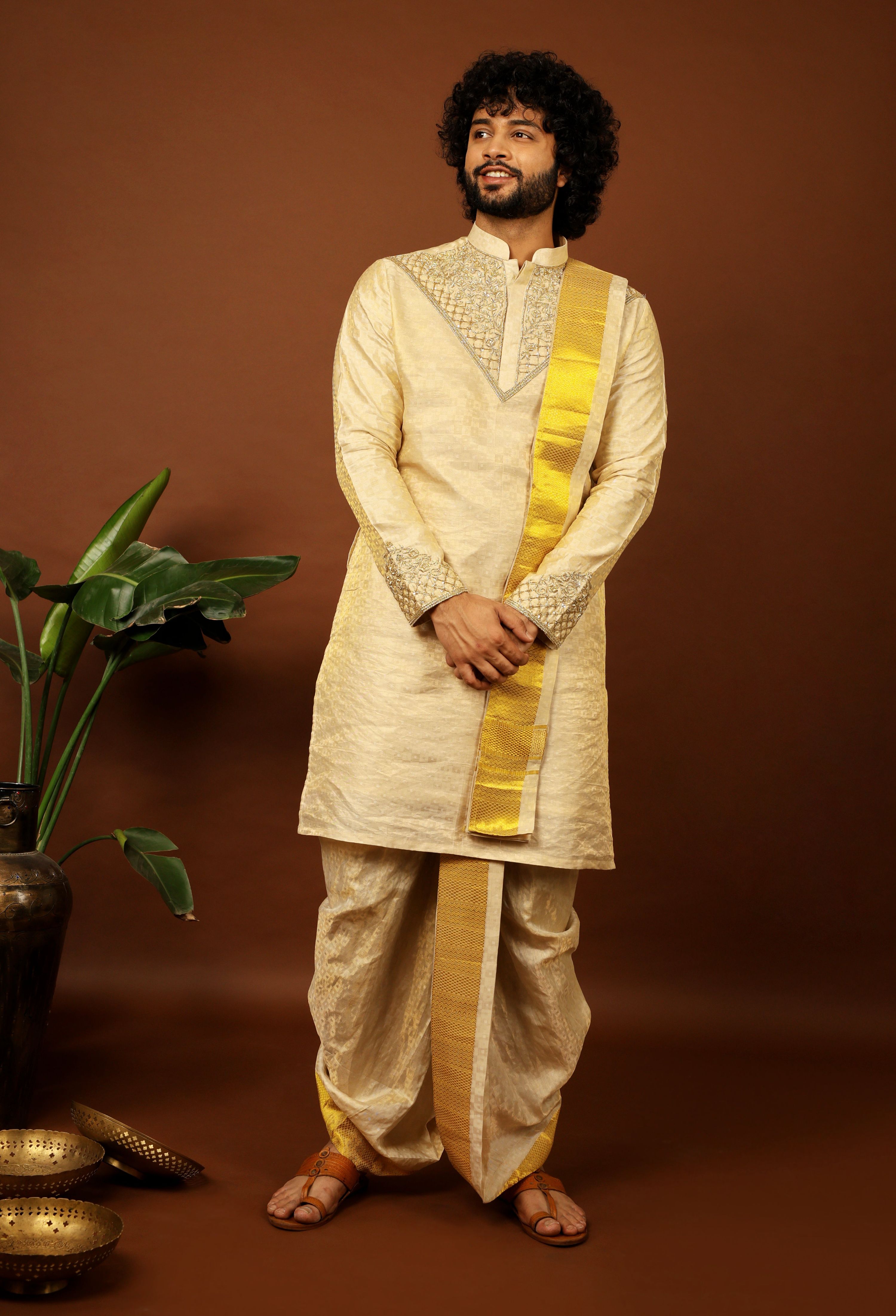 Kanjivaram Gold Textured Tissue Embroidered Pattu Opulence Kurta Set by Hilo Design - Distacart