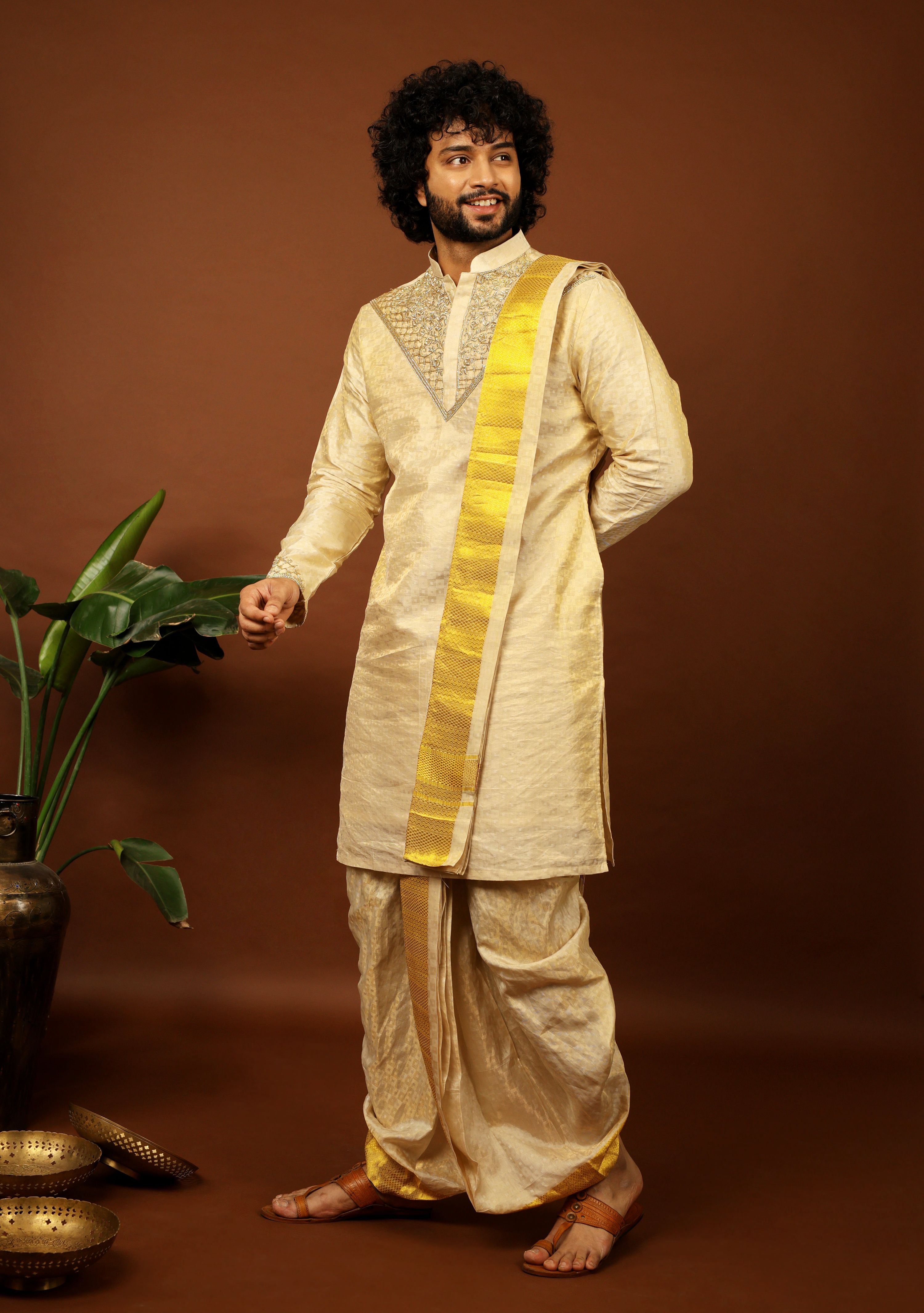 Kanjivaram Gold Textured Tissue Embroidered Pattu Opulence Kurta Set by Hilo Design - Distacart