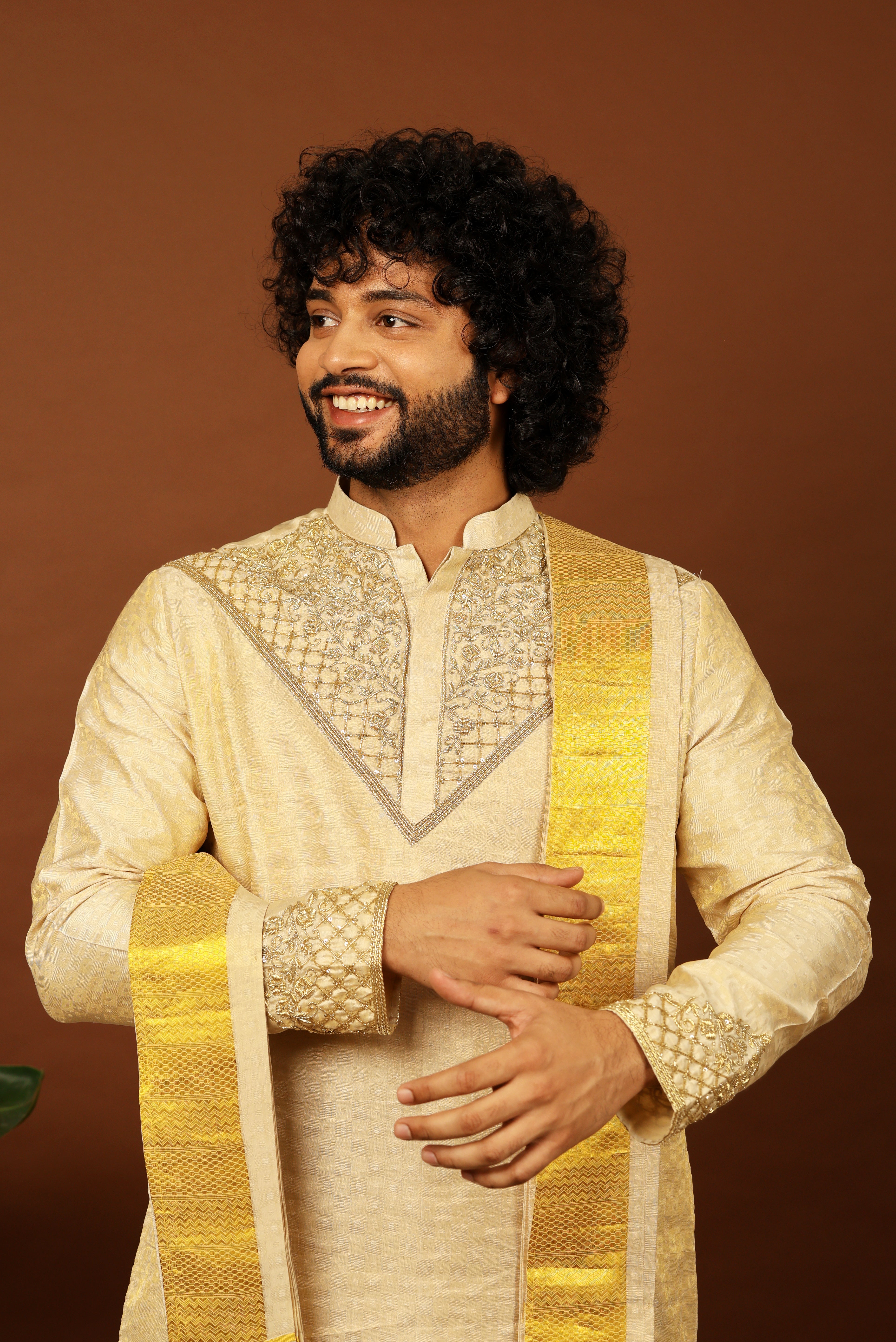Kanjivaram Gold Textured Tissue Embroidered Pattu Opulence Kurta Set by Hilo Design