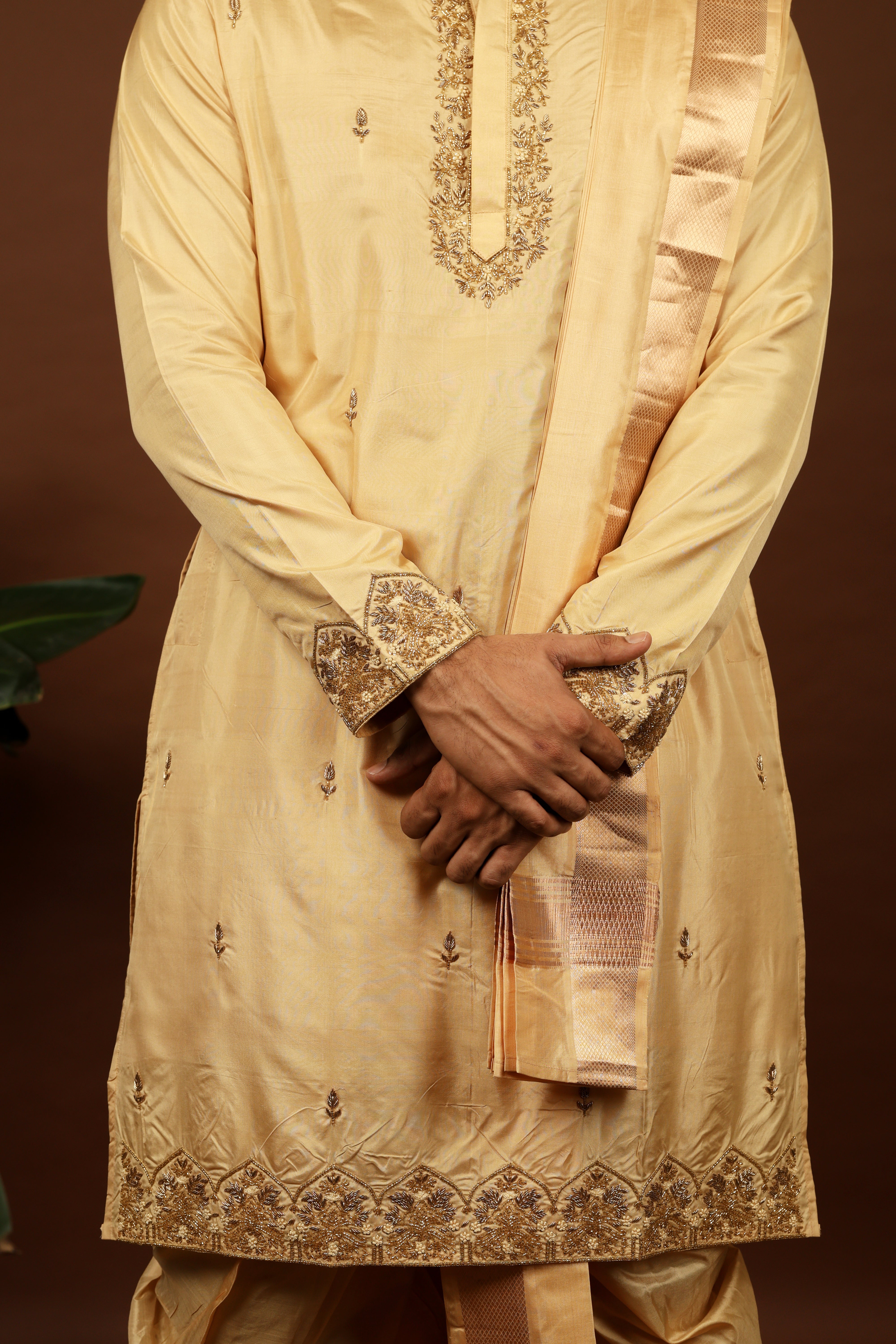 Kanjivaram Rose Gold Hand Emboirdered Pattu Kurta Set by Hilo Design