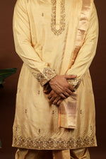 Thumbnail for Kanjivaram Rose Gold Hand Emboirdered Pattu Kurta Set by Hilo Design
