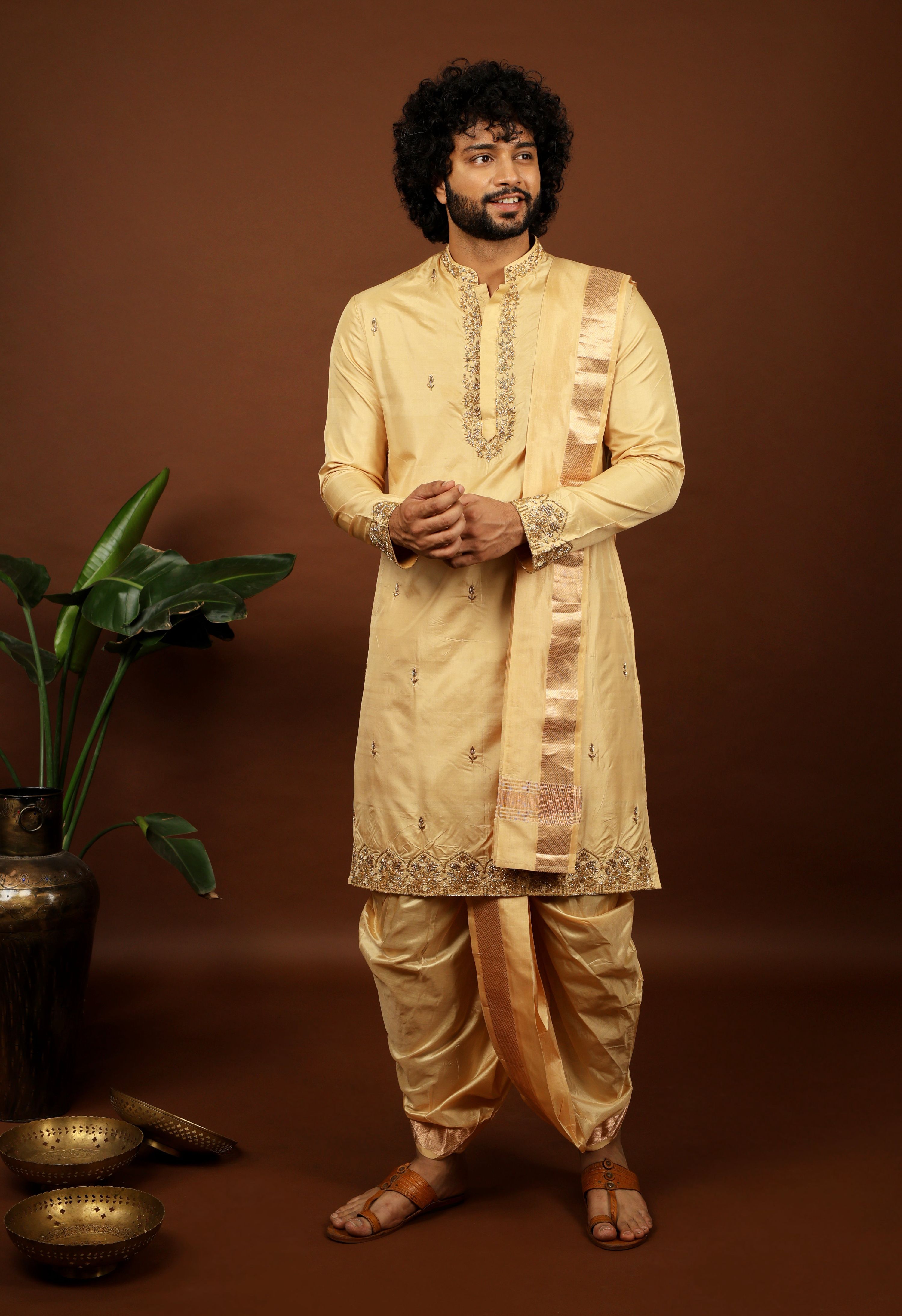 Kanjivaram Rose Gold Hand Emboirdered Pattu Kurta Set by Hilo Design - Distacart