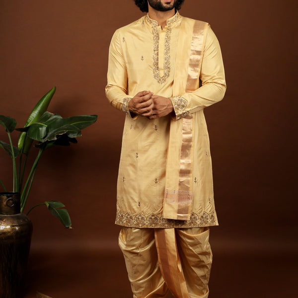 Kanjivaram Rose Gold Hand Emboirdered Pattu Kurta Set by Hilo Design - Distacart