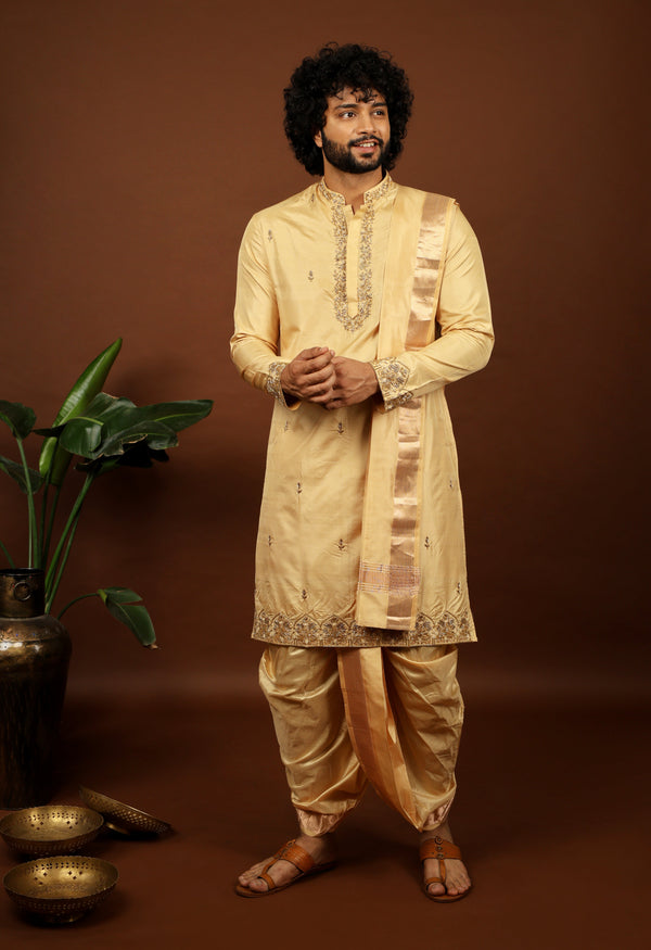 Kanjivaram Rose Gold Hand Emboirdered Pattu Kurta Set by Hilo Design