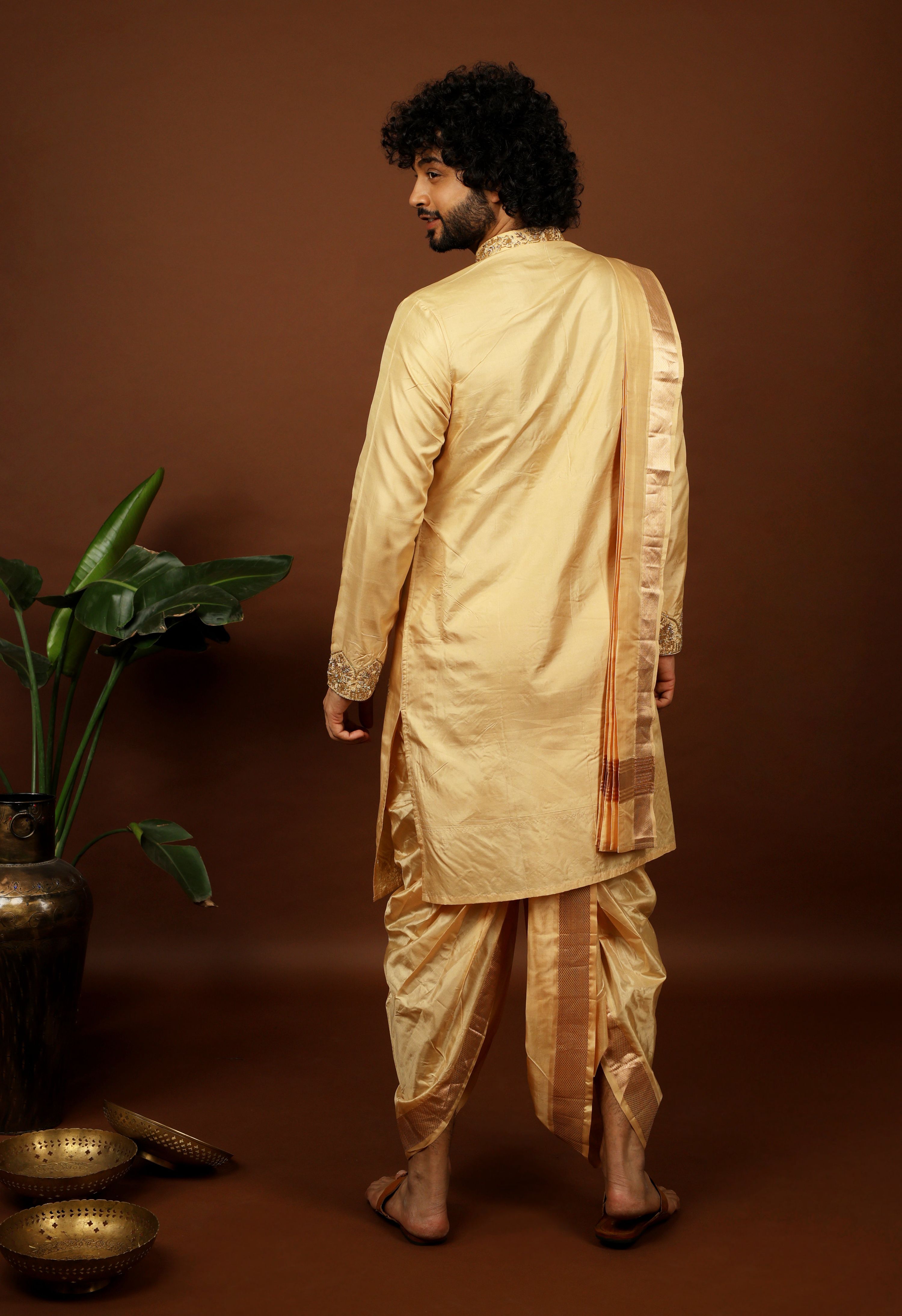 Kanjivaram Rose Gold Hand Emboirdered Pattu Kurta Set by Hilo Design - Distacart