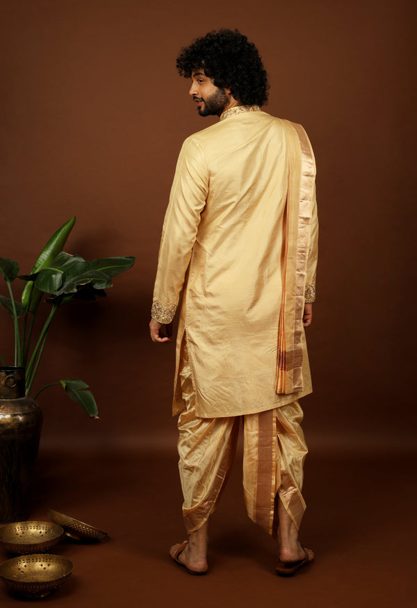 Kanjivaram Rose Gold Hand Emboirdered Pattu Kurta Set by Hilo Design