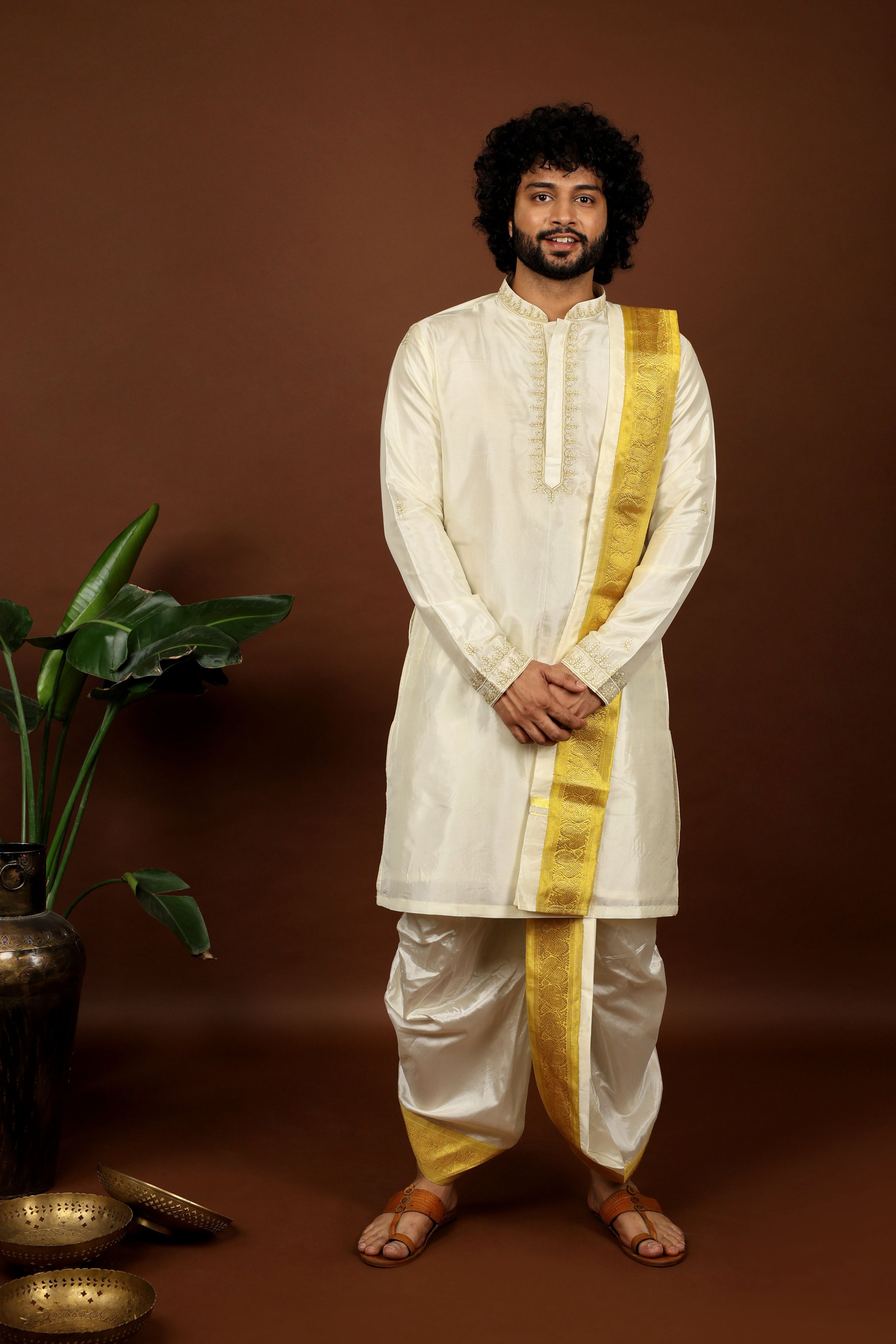 Kanjivaram Rose Gold Hand Emboirdered Pattu Kurta Set by Hilo Design - Distacart