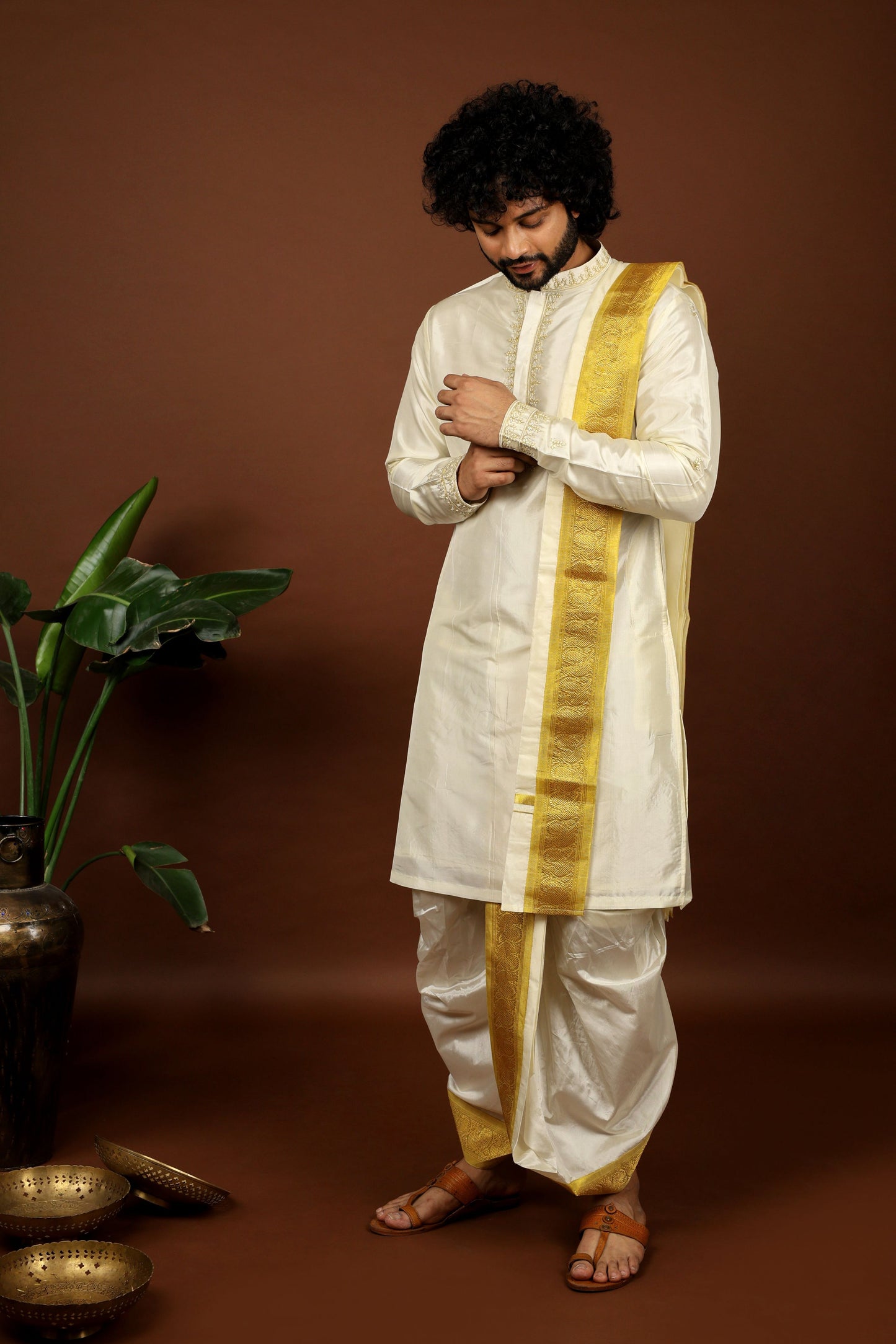 Kanjivaram Rose Gold Hand Emboirdered Pattu Kurta Set by Hilo Design - Distacart