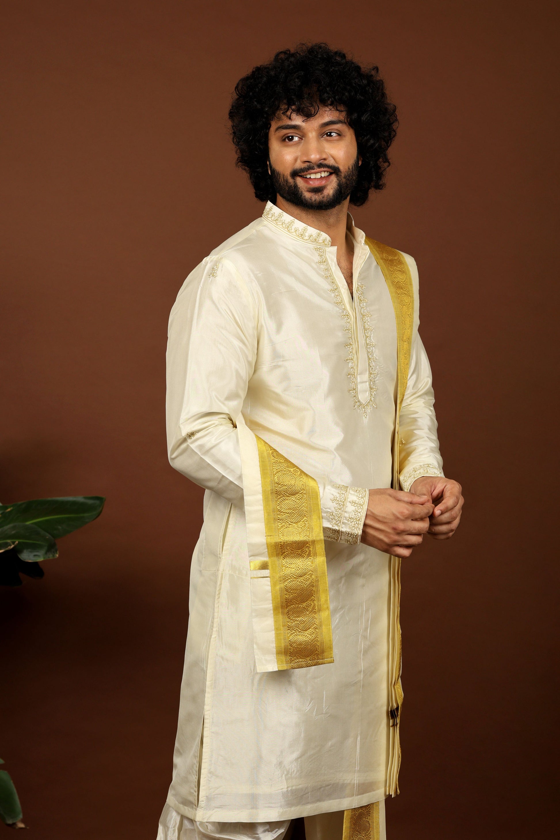 Kanjivaram Rose Gold Hand Emboirdered Pattu Kurta Set by Hilo Design - Distacart