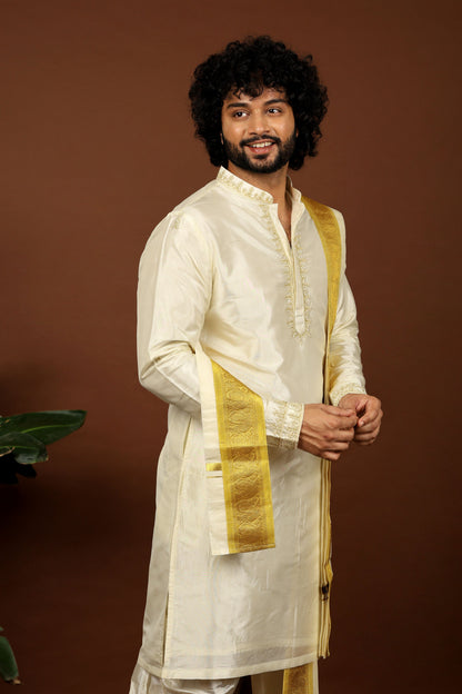 Kanjivaram Rose Gold Hand Emboirdered Pattu Kurta Set by Hilo Design - Distacart